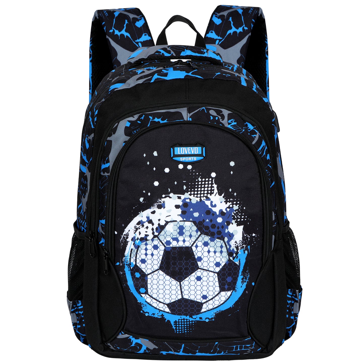 LOVEVO Football Print Backpack with USB for Young Boys Suitable for School College Travel Sport and Gifts