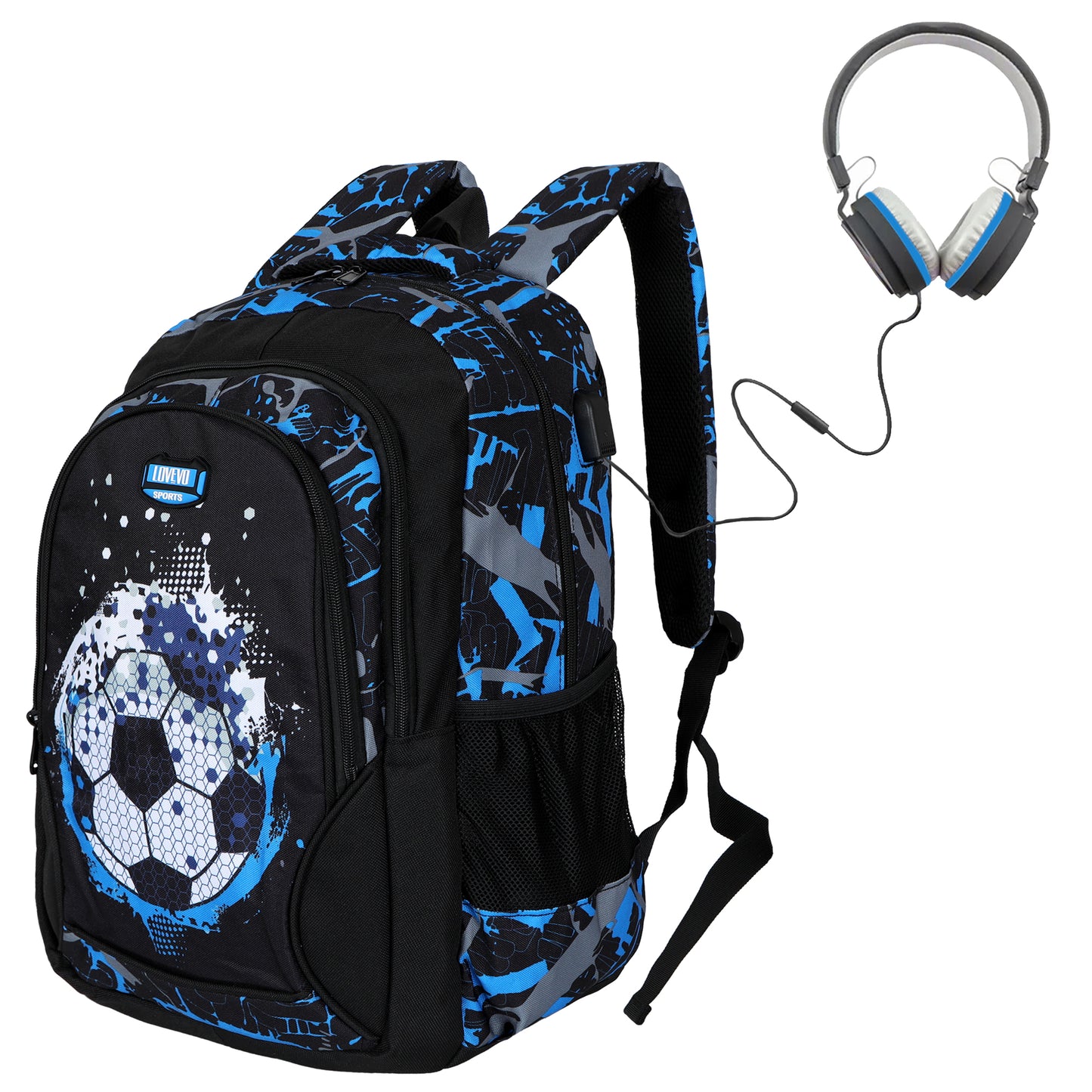 LOVEVO Football Print Backpack with USB for Young Boys Suitable for School College Travel Sport and Gifts
