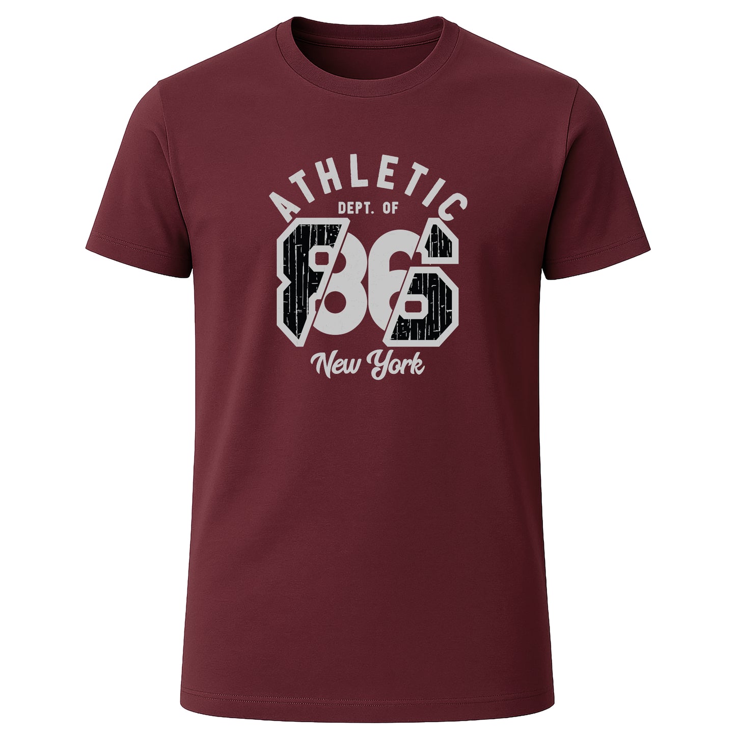 Burgundy athletic graphic T-shirt with “Athletic Dept. 86 New York” print
