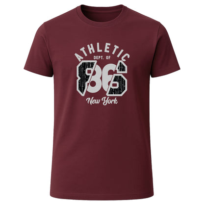 Burgundy athletic graphic T-shirt with “Athletic Dept. 86 New York” print
