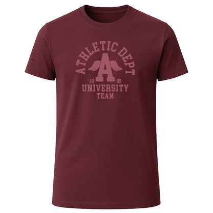 Burgundy athletic T-shirt with “Athletic Dept.” print
