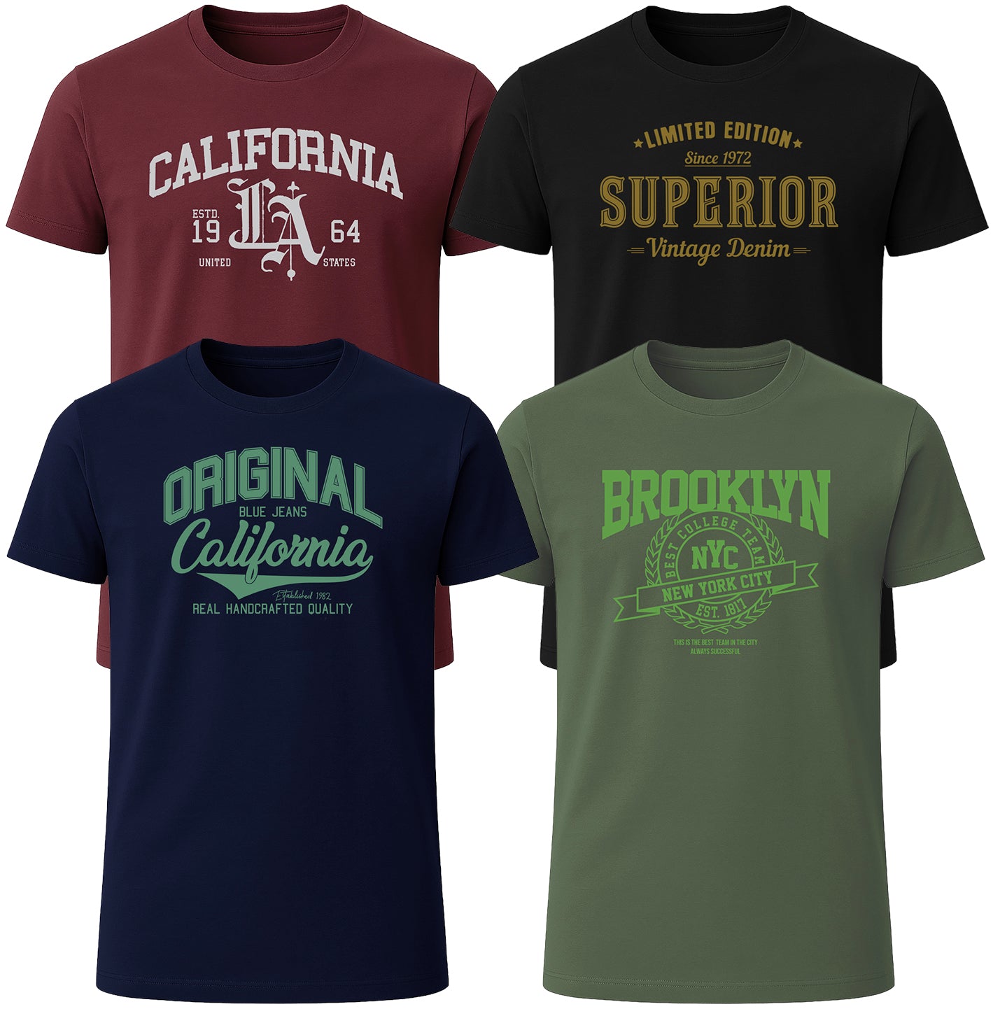 LOVEVO 4 pack graphic T-shirts in burgundy, black, navy and green, 100% cotton relaxed fit
