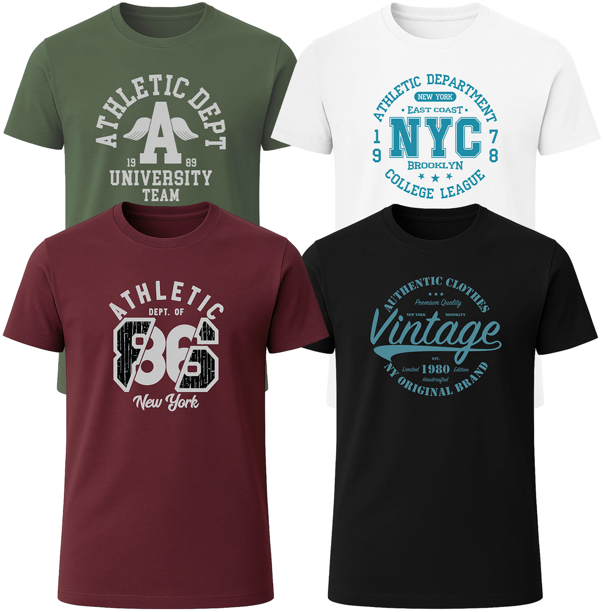 LOVEVO 4 pack graphic T-shirts in green white burgundy and black