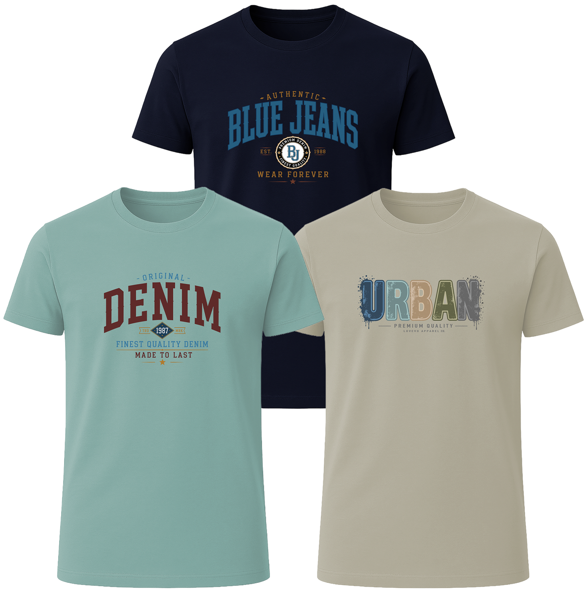 LOVEVO 3 Pack Graphic T-Shirts – Denim Collection
