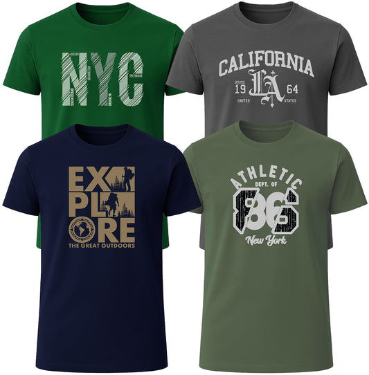 LOVEVO 4 pack graphic T-shirts in green, grey, navy and olive green with NYC, California, Explore and Athletic 86 designs
