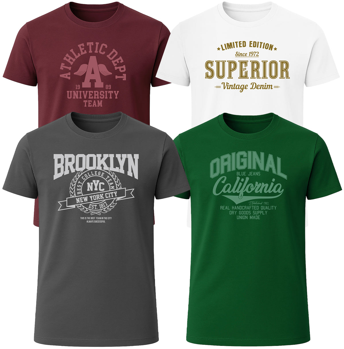 LOVEVO 4 pack graphic T-shirts in Burgundy White Grey and Bottle Green 