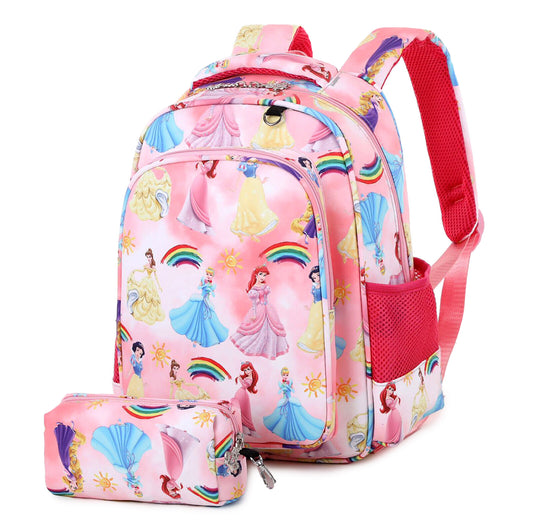LOVEVO School Backpack with Pencil Case for Girls, Pink Princess Bag for Casual Travel Sports and Gifts