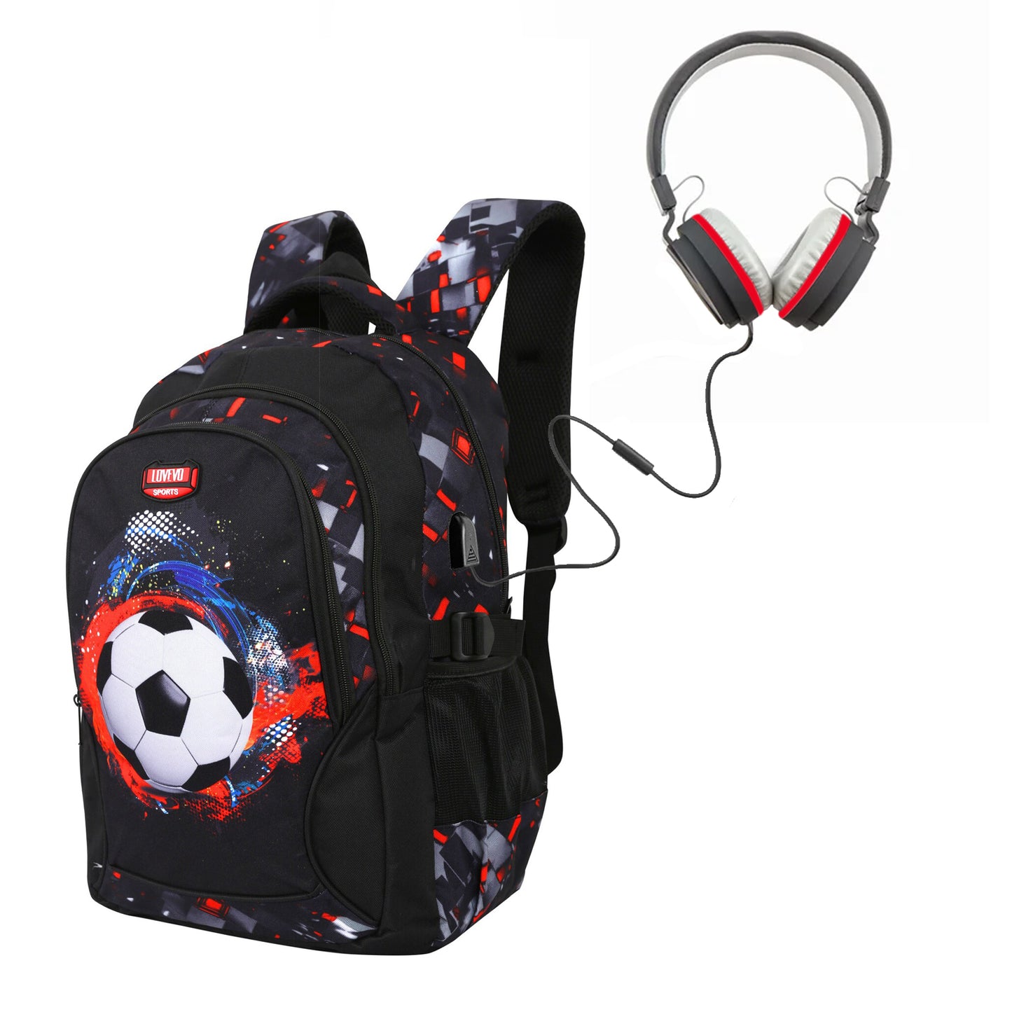 LOVEVO Football Backpack for Young Boys & Girls Bag with USB Charging Port Suitable for School Collage Casual Uni Sports and Gifts