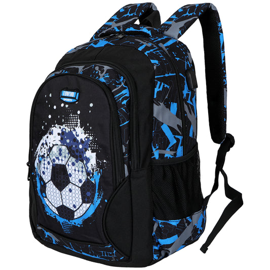 LOVEVO Football Print Backpack with USB for Young Boys Suitable for School College Travel Sport and Gifts