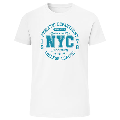 White T-shirt with blue NYC Brooklyn athletic department graphic
